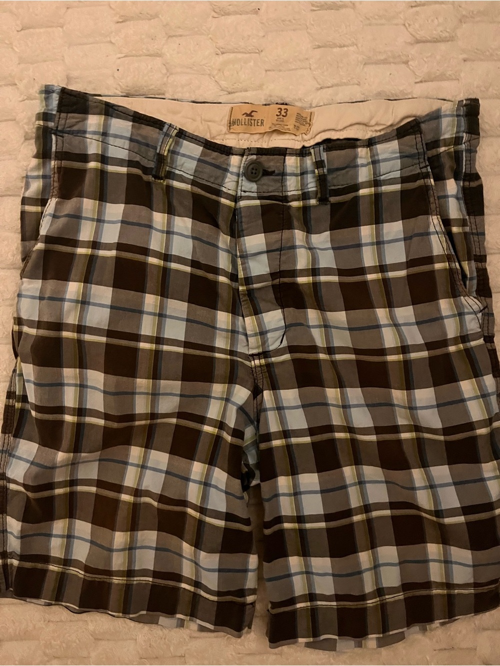 Hollister Men’s Brown and Light Blue Plaid Flat Front Shorts
